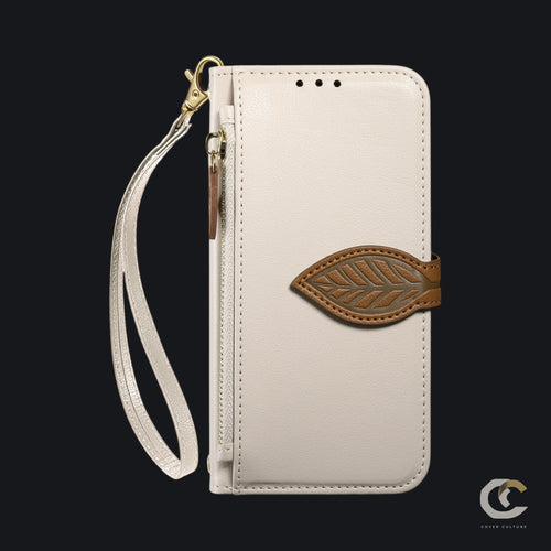 White leather leaf flip wallet case for iPhone Pro Max