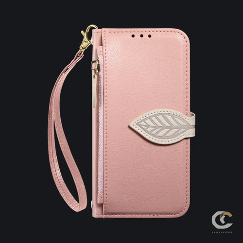 Pink leather leaf flip wallet case for iPhone Pro Max