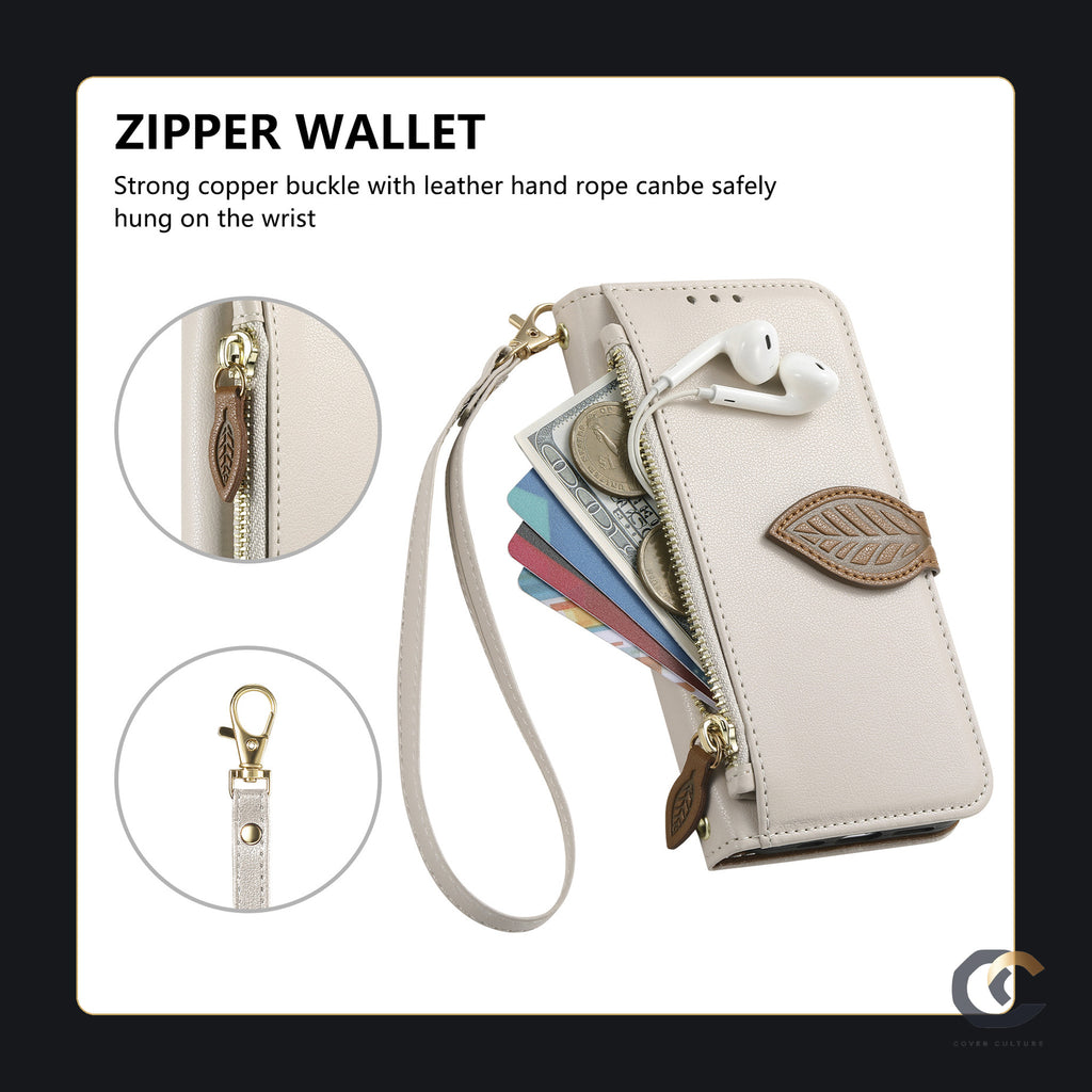 Zip wallet pocket and copper buckle detail