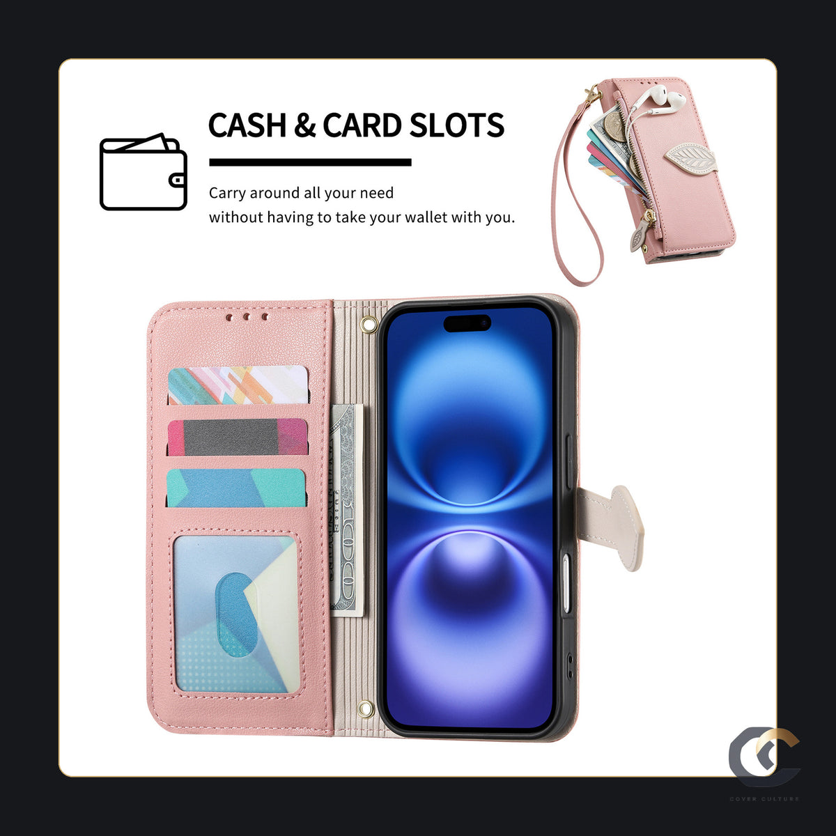 Cash and card slots inside the flip case