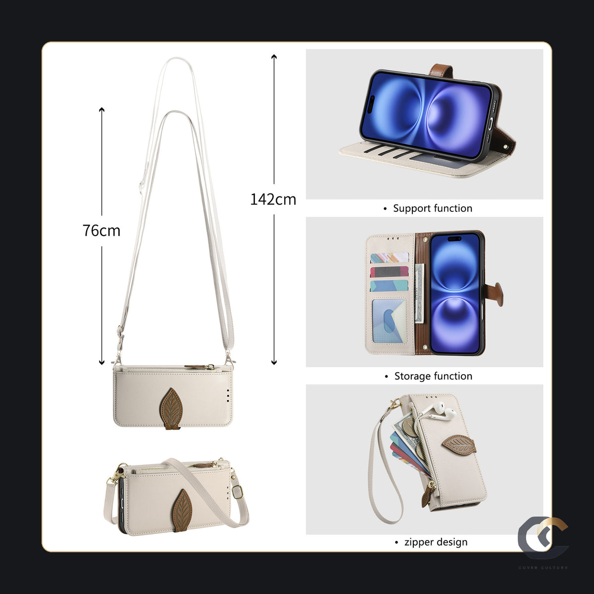 Wrist strap and 142cm crossbody strap dimensions