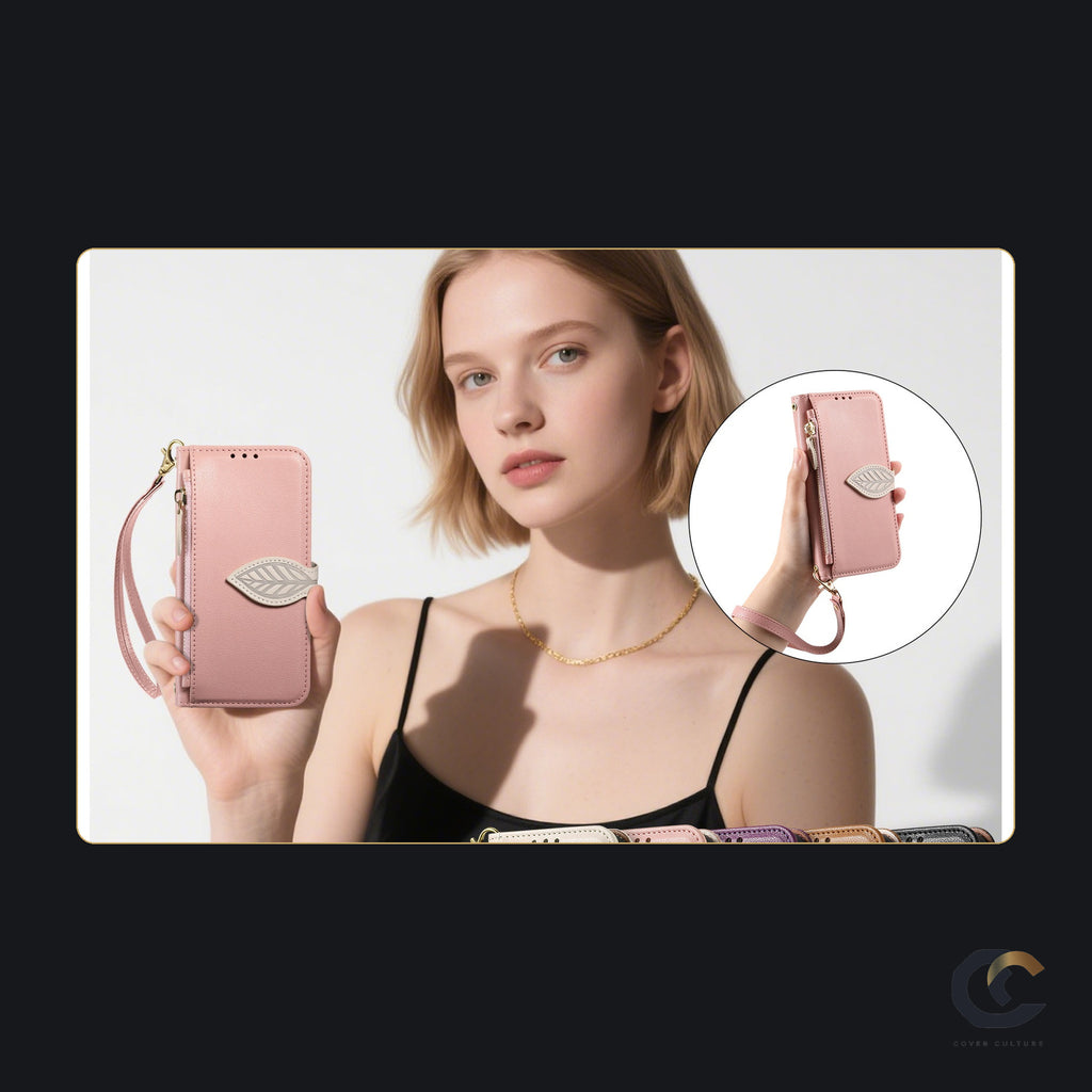 Pink wallet case held in hand