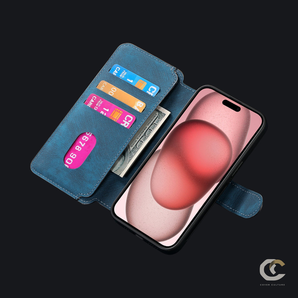 Blue case open with three cards and a note