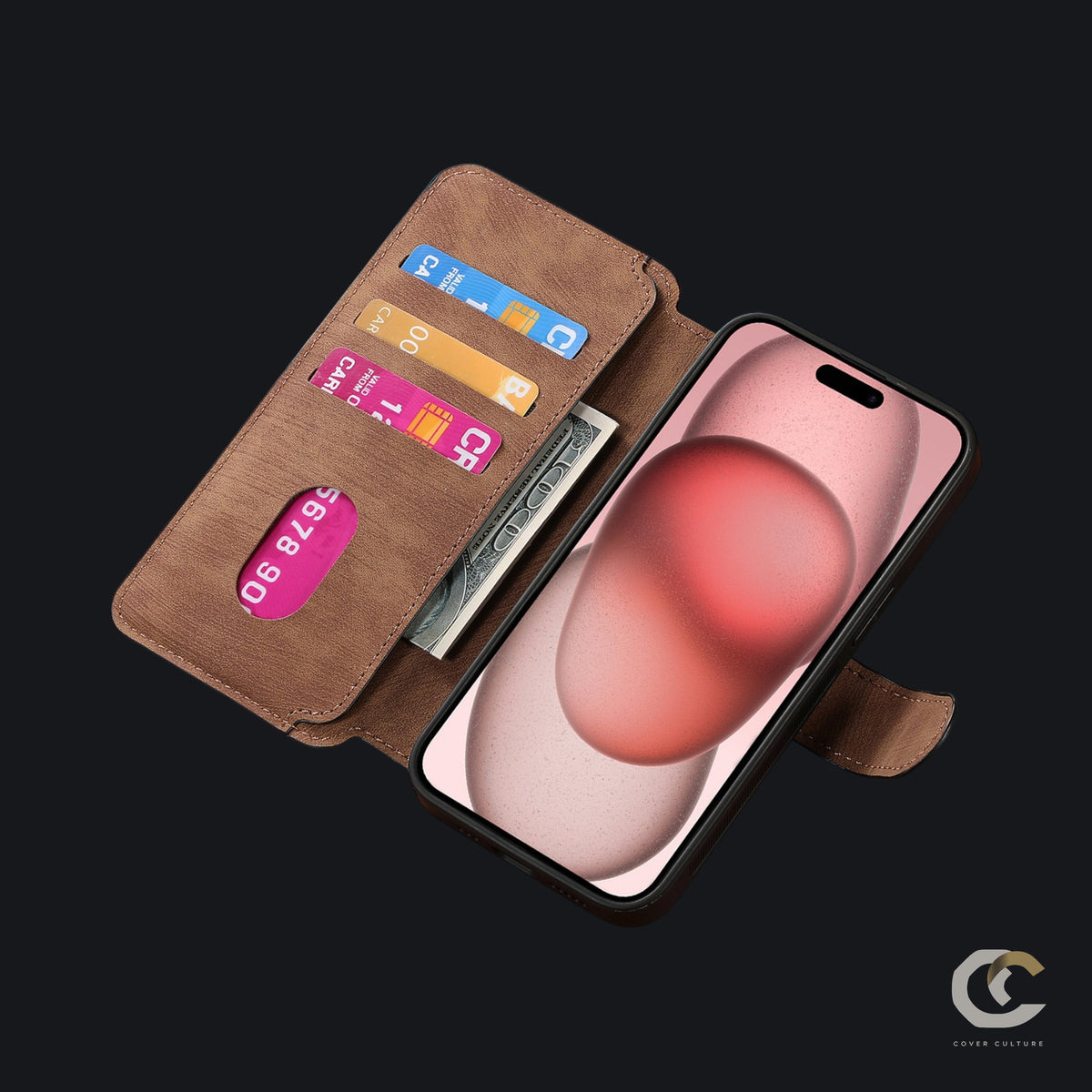 Brown case open with three cards and a note