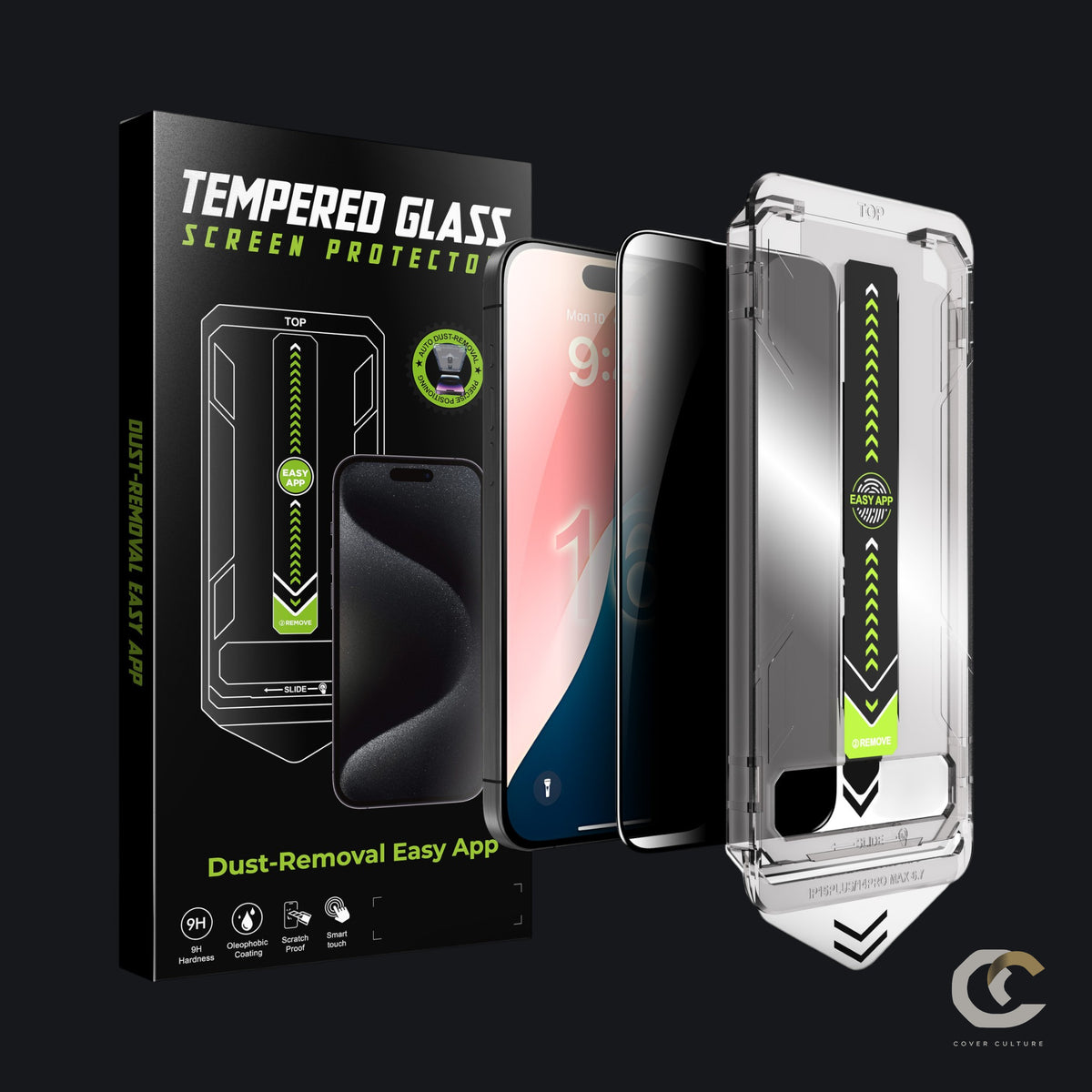 Privacy tempered glass screen protector pack with applicator