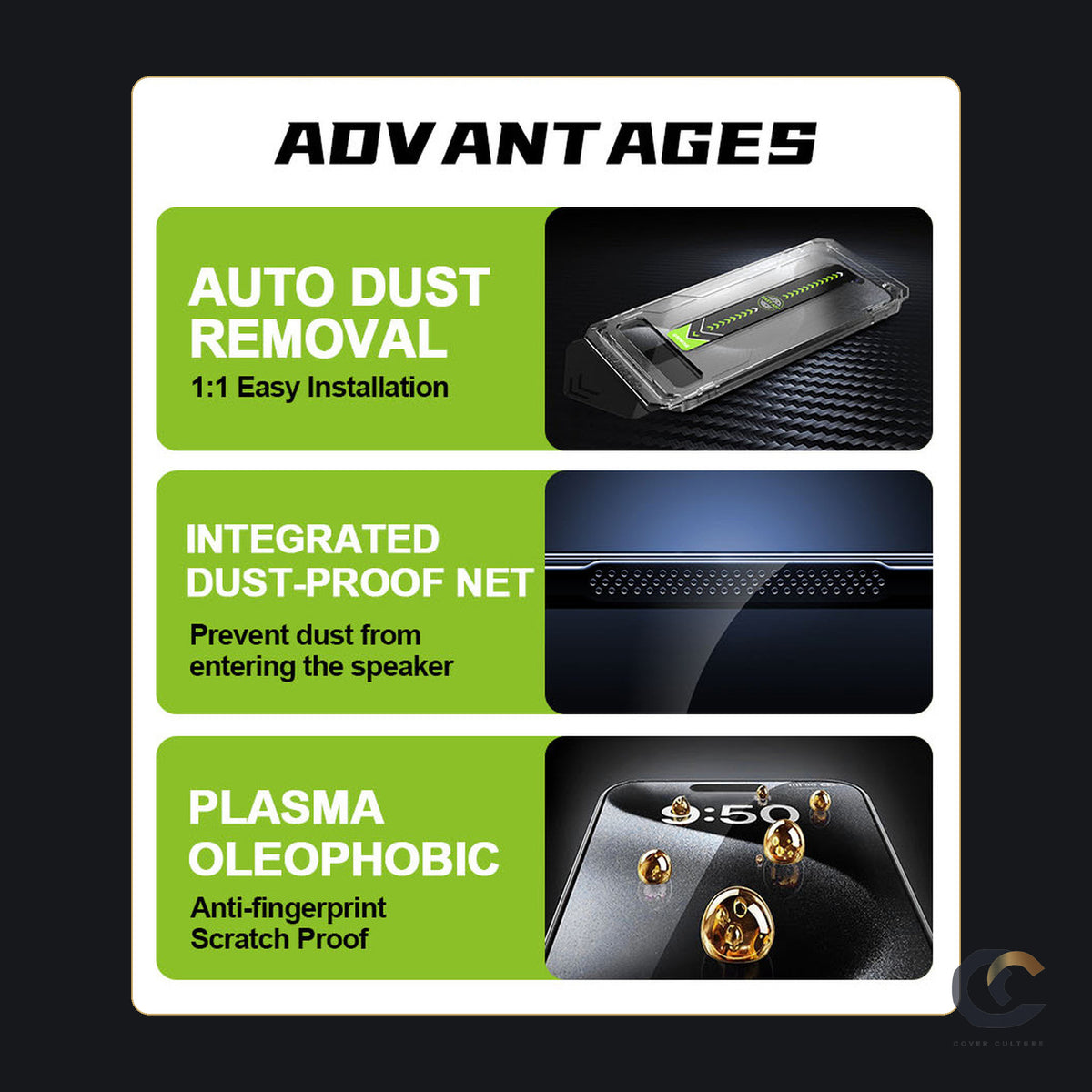 Advantages: auto dust removal, dust-proof net, oleophobic